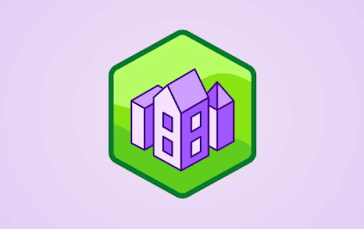 Digital image of a digital badge for architecture; purple geometric shapes appear in the center that represent a building design on a green hexagon shape; it appears on a light purple background.