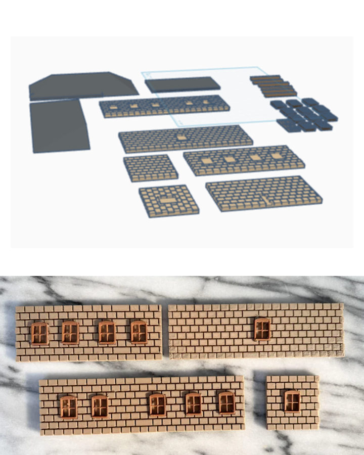 Two images showing the digital and physical stages of a student’s architectural design project. The top image shows a Tinkercad workspace with 3D-modeled parts of a small brick building—walls, roof panels, and windows—arranged flat for printing. The bottom image shows the 3D-printed brick-textured wall sections with inserted brown window frames, displayed on a marble surface.
