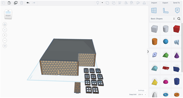 A Tinkercad workspace showing a 3D model of a small brick-textured building with a dark gray roof. Several separate components—windows and a door—are arranged on the workplane beside the structure. The right panel displays Tinkercad’s Basic Shapes menu with various geometric modeling tools.